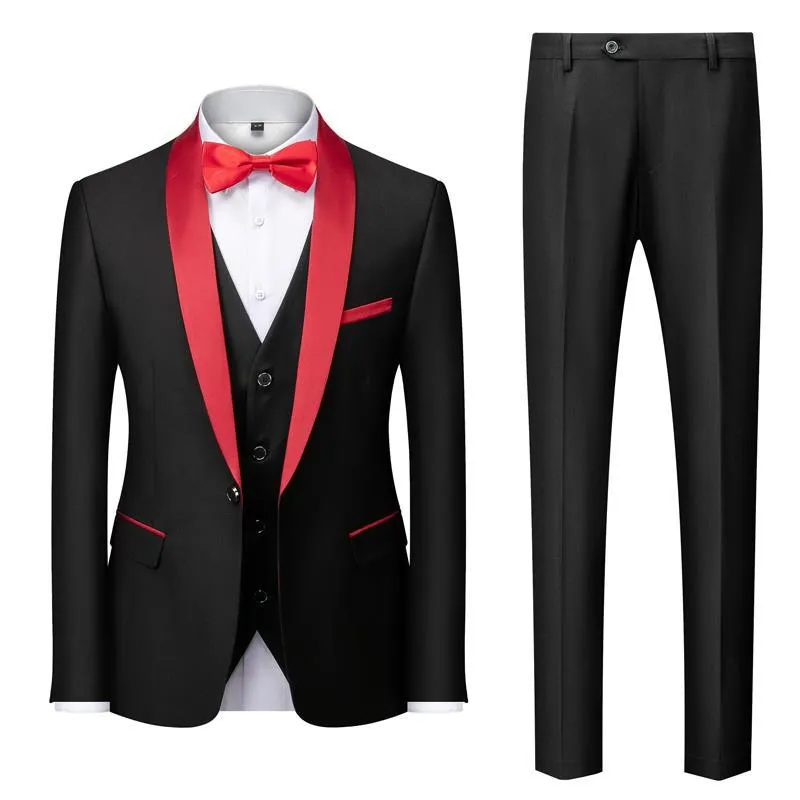 Men's slim-fit three-piece suit set in green fruit collar style, cotton blend fabric, for wedding and stage use.
