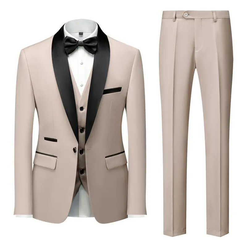 Men's slim-fit three-piece suit set in green fruit collar style, cotton blend fabric, for wedding and stage use.