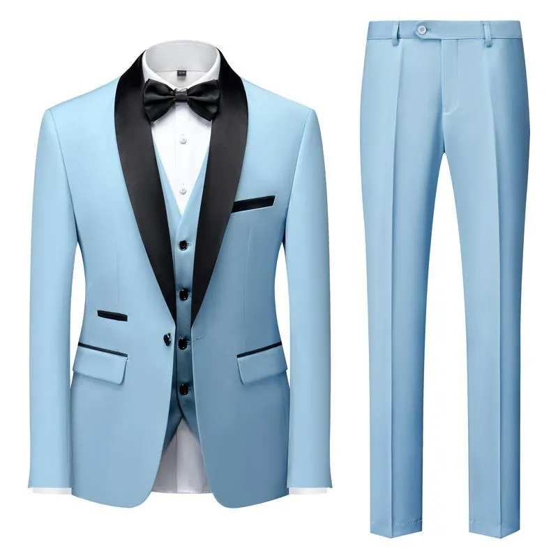 Men's slim-fit three-piece suit set in green fruit collar style, cotton blend fabric, for wedding and stage use.