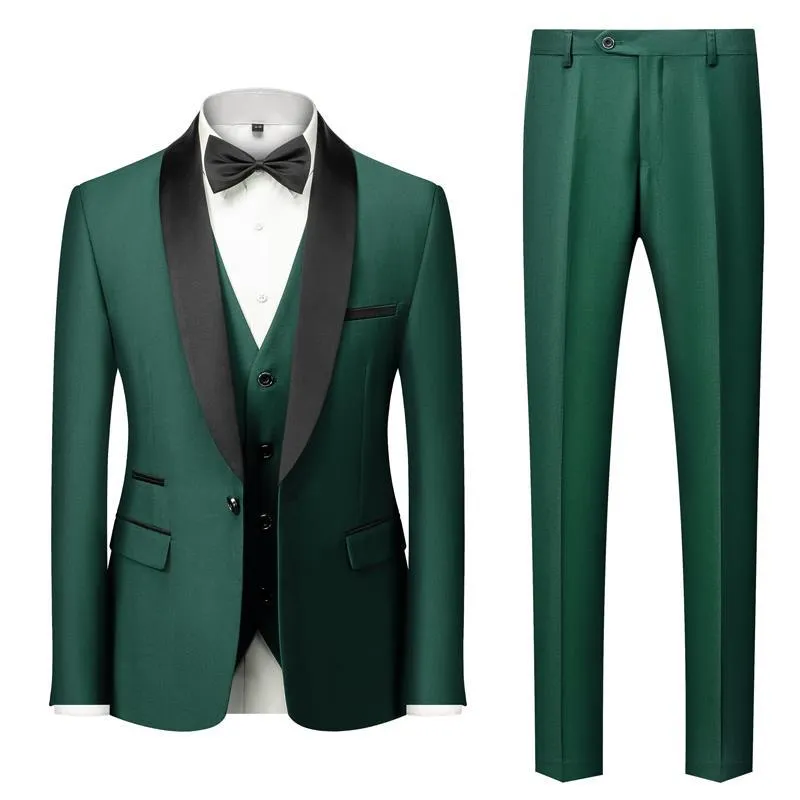 Men's slim-fit three-piece suit set in green fruit collar style, cotton blend fabric, for wedding and stage use.