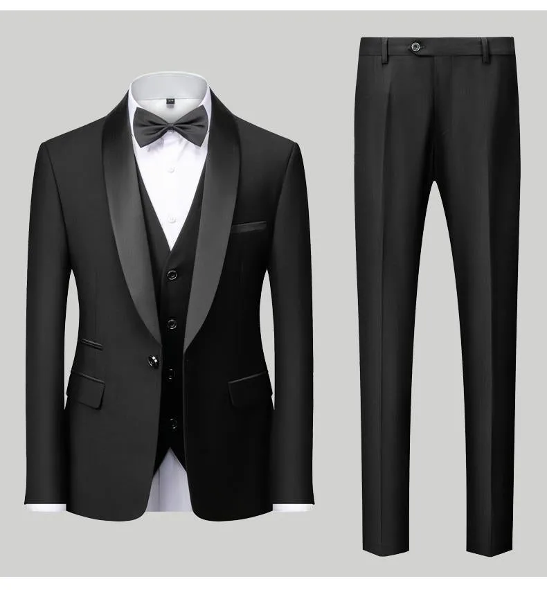 Men's slim-fit three-piece suit set in green fruit collar style, cotton blend fabric, for wedding and stage use.