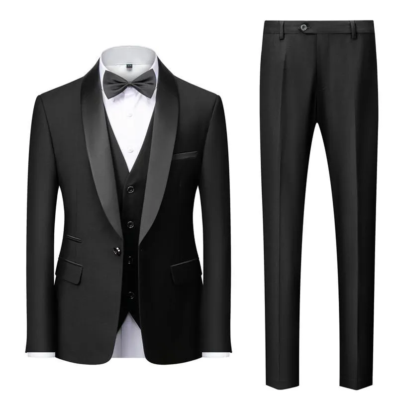 Men's slim-fit three-piece suit set in green fruit collar style, cotton blend fabric, for wedding and stage use.