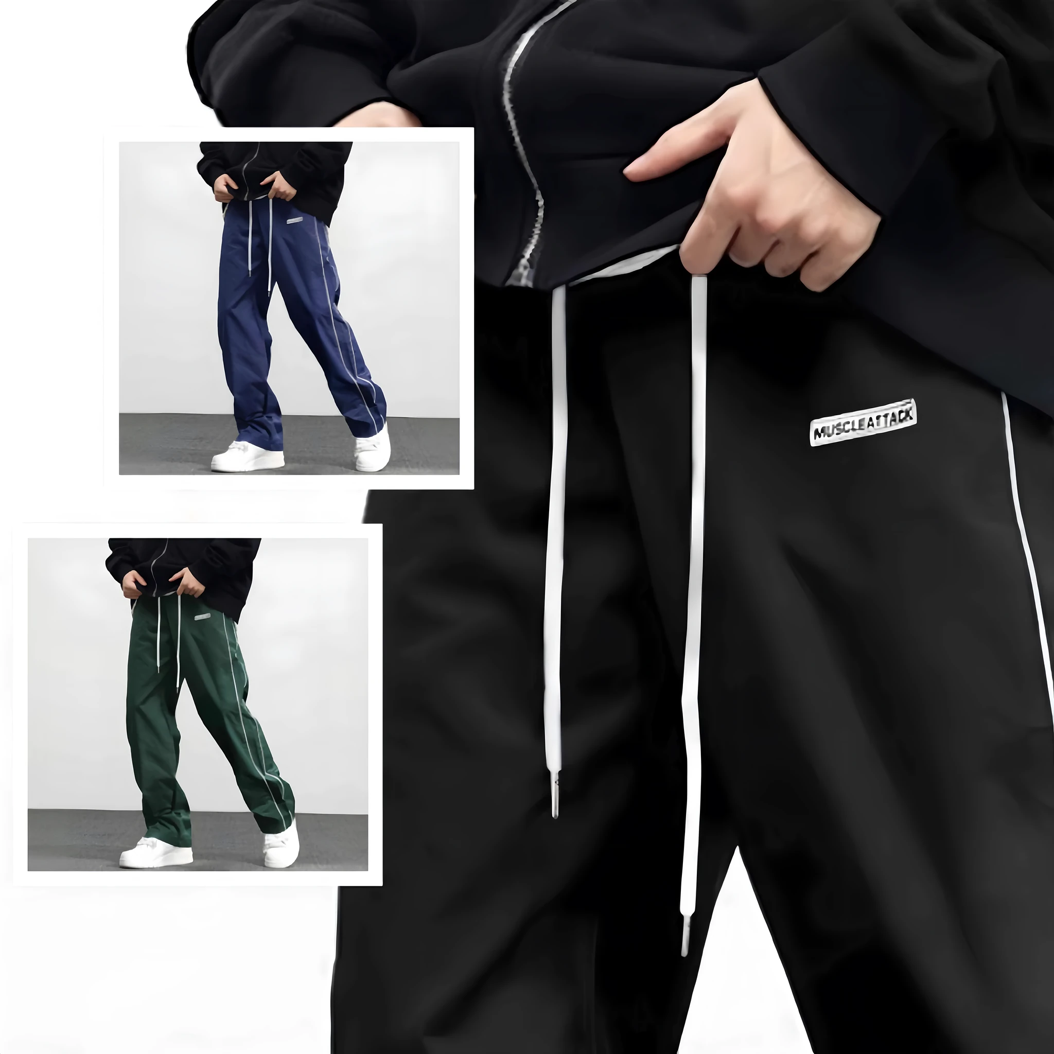 Men's loose fit polyester cargo trousers with side pockets in black, navy blue, and dark green