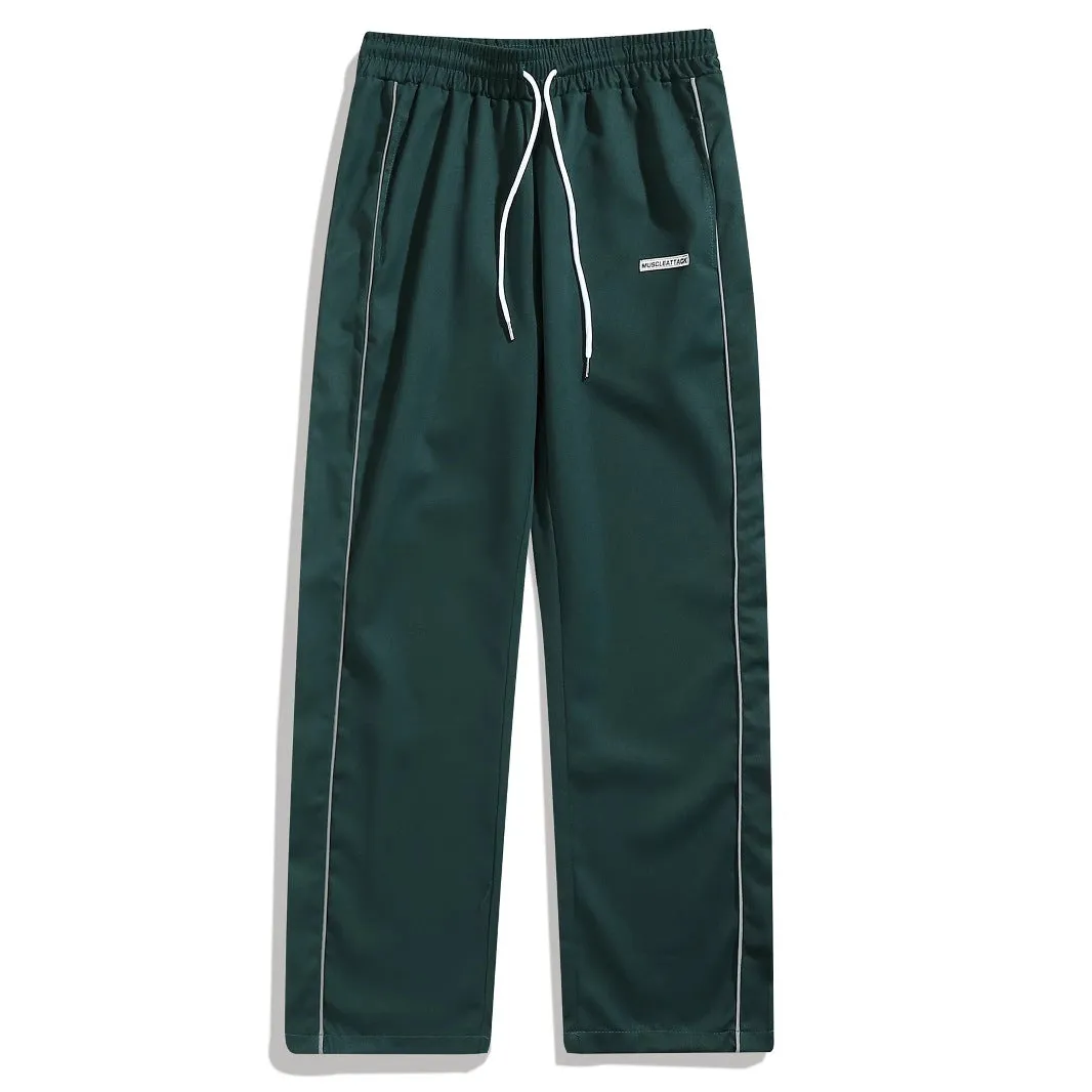 Men's loose fit polyester cargo trousers with side pockets in black, navy blue, and dark green