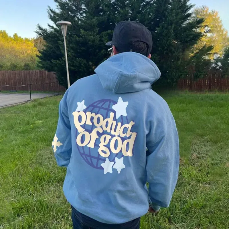 Men's polyester pullover hoodie with drawstring hood and front pocket in blue