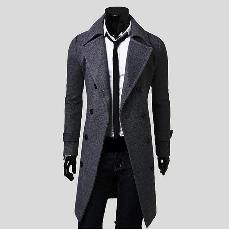 Men's trench coat double breasted lapel collar long coat in Black on mannequin