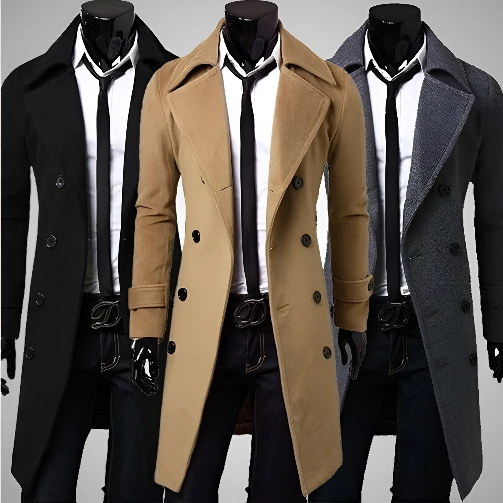 Men's trench coat double breasted lapel collar long coat in Black on mannequin