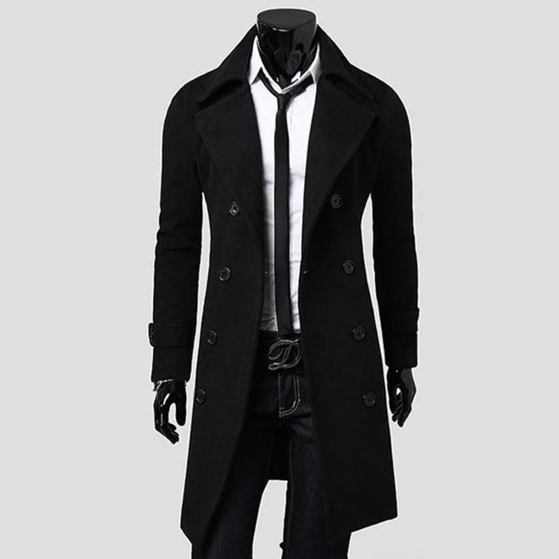 Men's trench coat double breasted lapel collar long coat in Black on mannequin