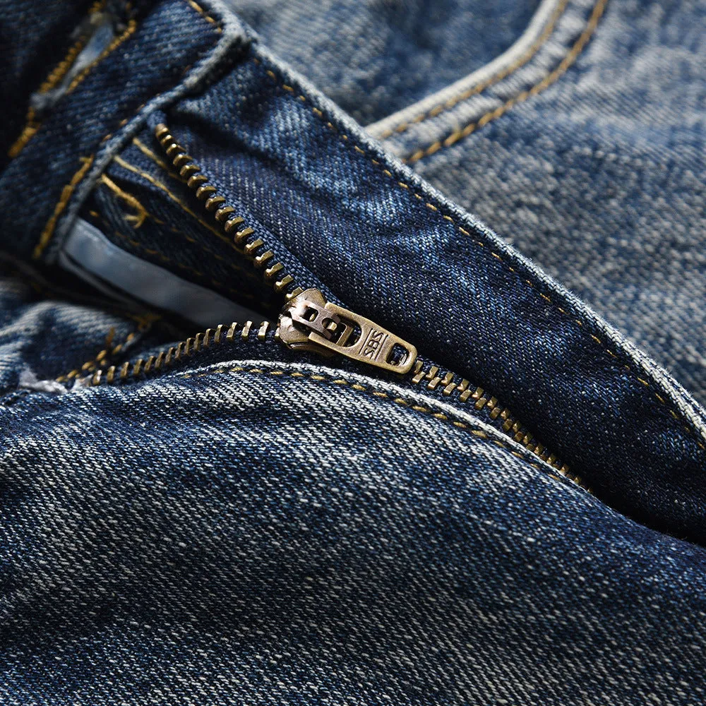 Men's blue denim punk loose straight trousers on a model, casual fit