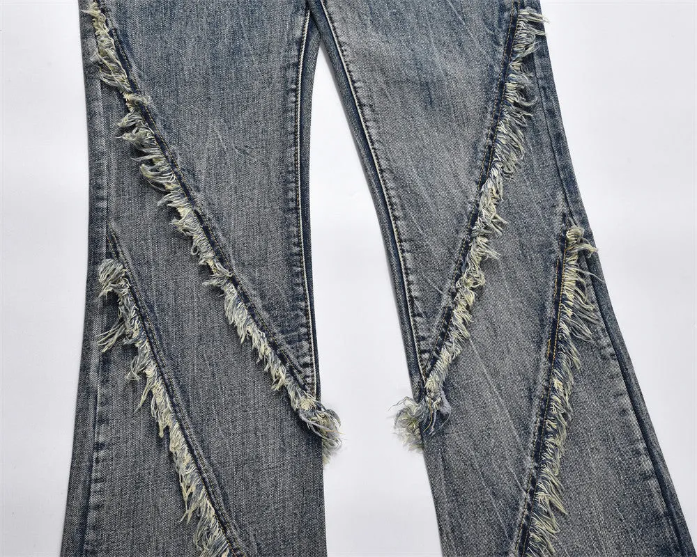Men's blue denim punk loose straight trousers on a model, casual fit