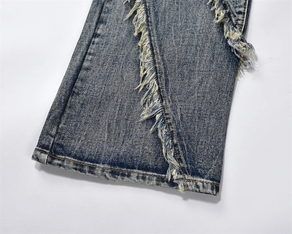 Men's blue denim punk loose straight trousers on a model, casual fit