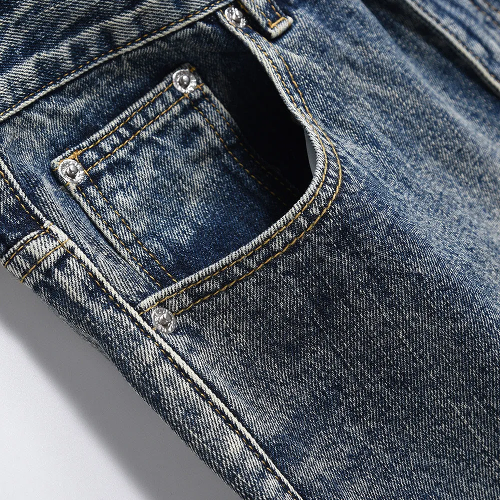 Men's blue denim punk loose straight trousers on a model, casual fit