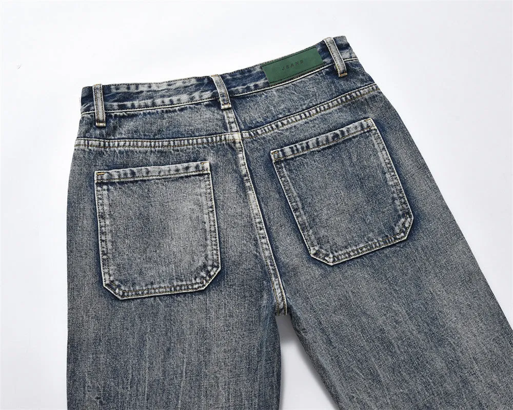 Men's blue denim punk loose straight trousers on a model, casual fit