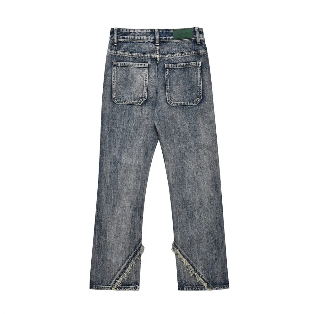 Men's blue denim punk loose straight trousers on a model, casual fit