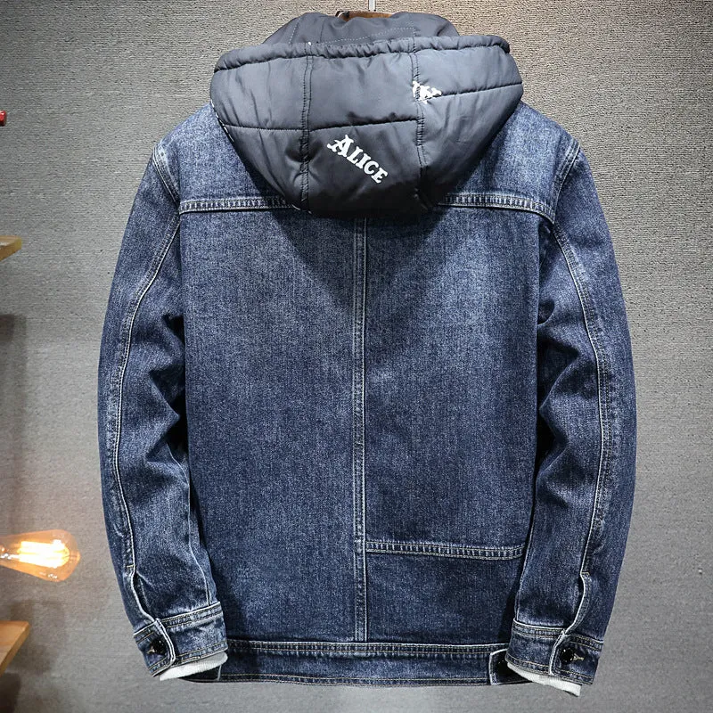 Men's loose hooded fleece jacket blue with patch pockets and raglan sleeves winter thickened cotton coat
