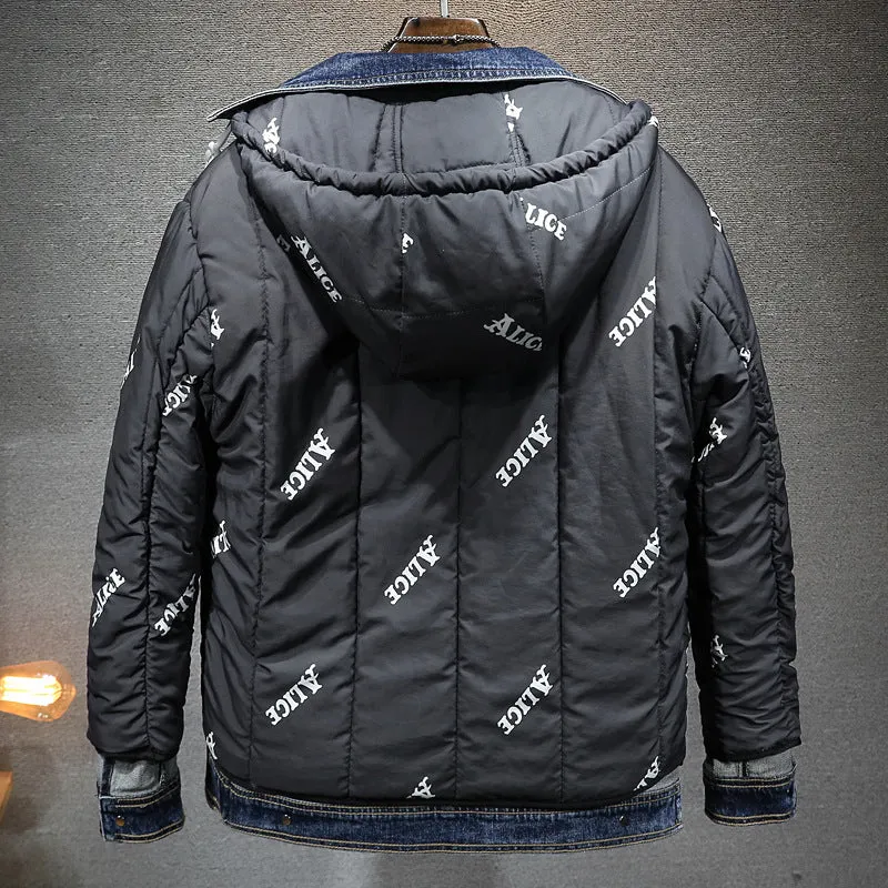 Men's loose hooded fleece jacket blue with patch pockets and raglan sleeves winter thickened cotton coat