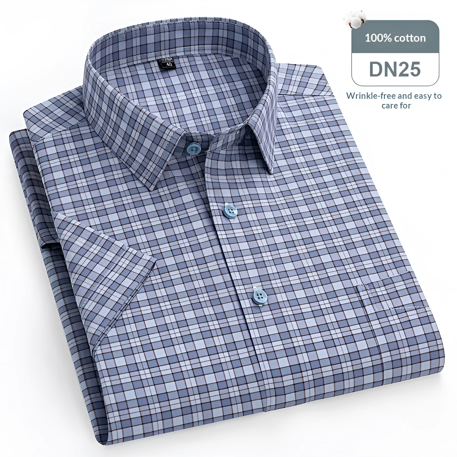 Men's pure cotton short-sleeved Oxford check shirt in plaid pattern, button-down front, general fit, available in multiple colours