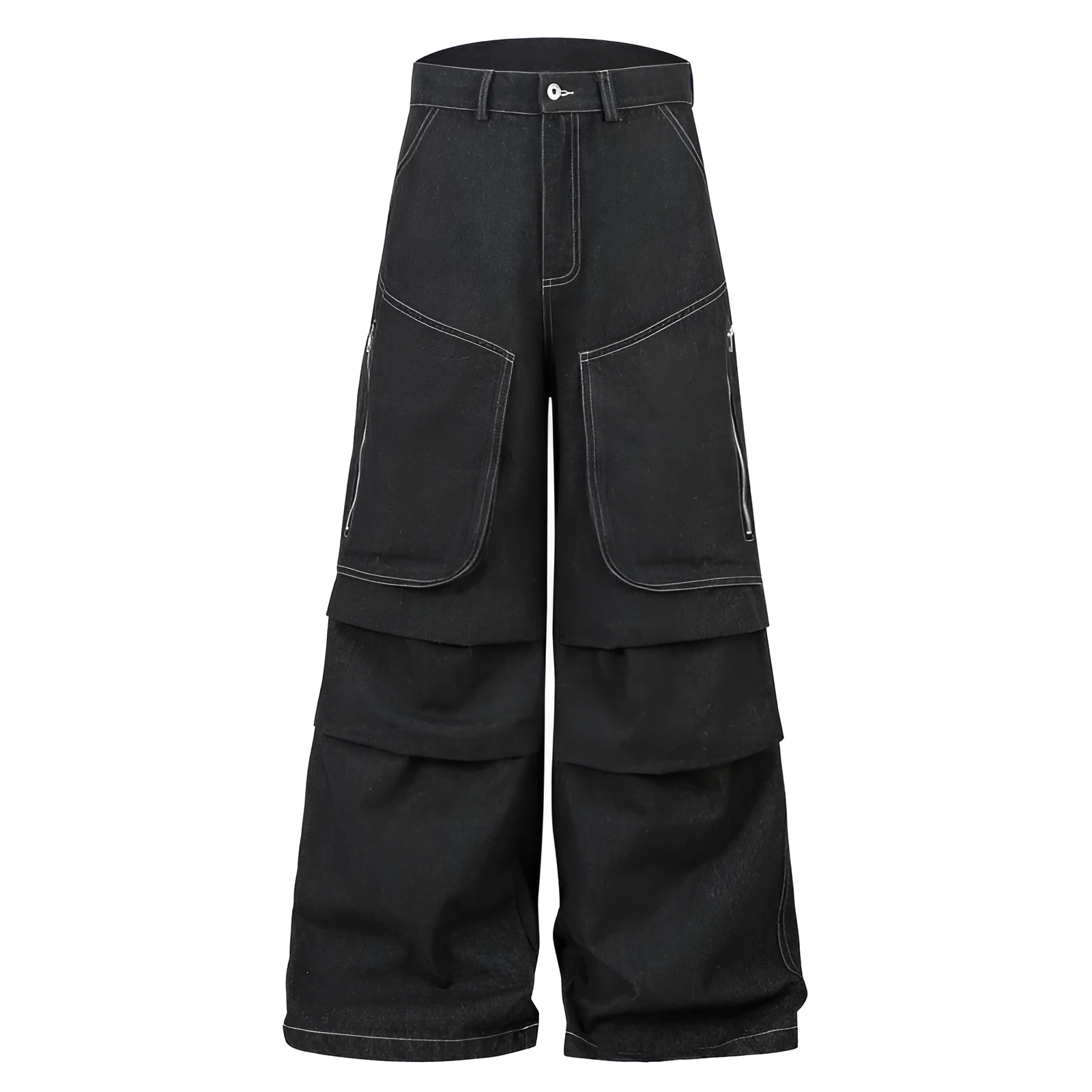 Black pleated workwear jeans with multiple pockets and mid waist design