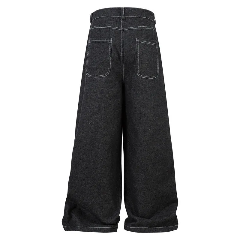 Black pleated workwear jeans with multiple pockets and mid waist design