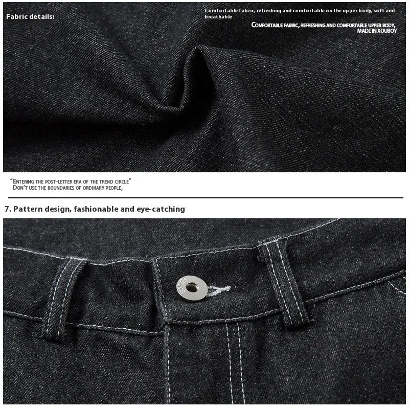 Black pleated workwear jeans with multiple pockets and mid waist design