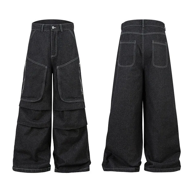 Black pleated workwear jeans with multiple pockets and mid waist design