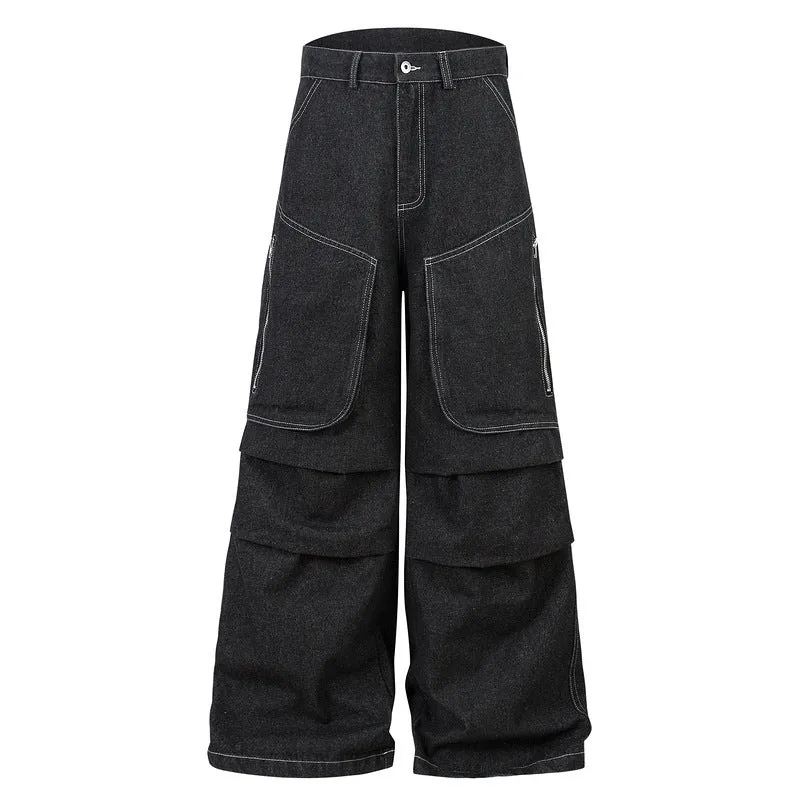 Black pleated workwear jeans with multiple pockets and mid waist design