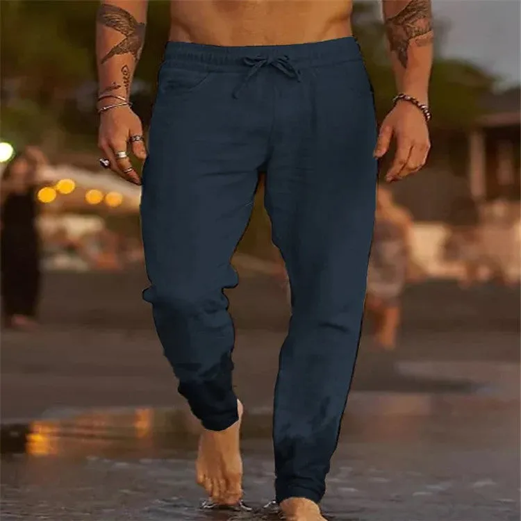 Men's solid colour cotton linen loose beach casual pants with elastic waist, shown in grey on a plain background