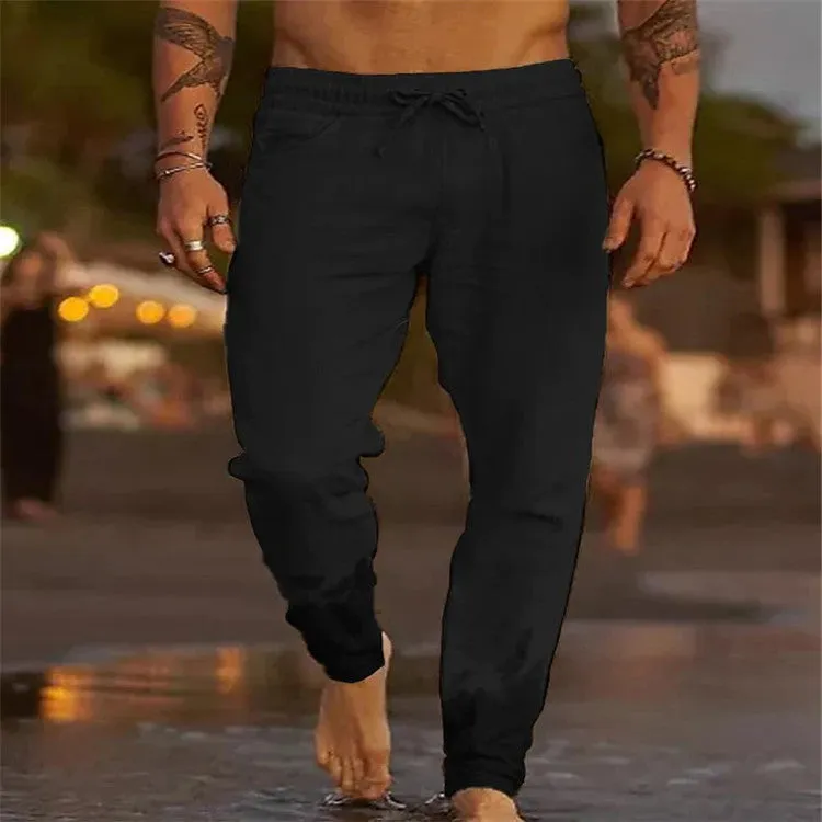 Men's solid colour cotton linen loose beach casual pants with elastic waist, shown in grey on a plain background