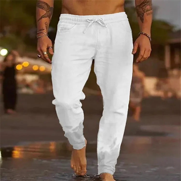 Men's solid colour cotton linen loose beach casual pants with elastic waist, shown in grey on a plain background