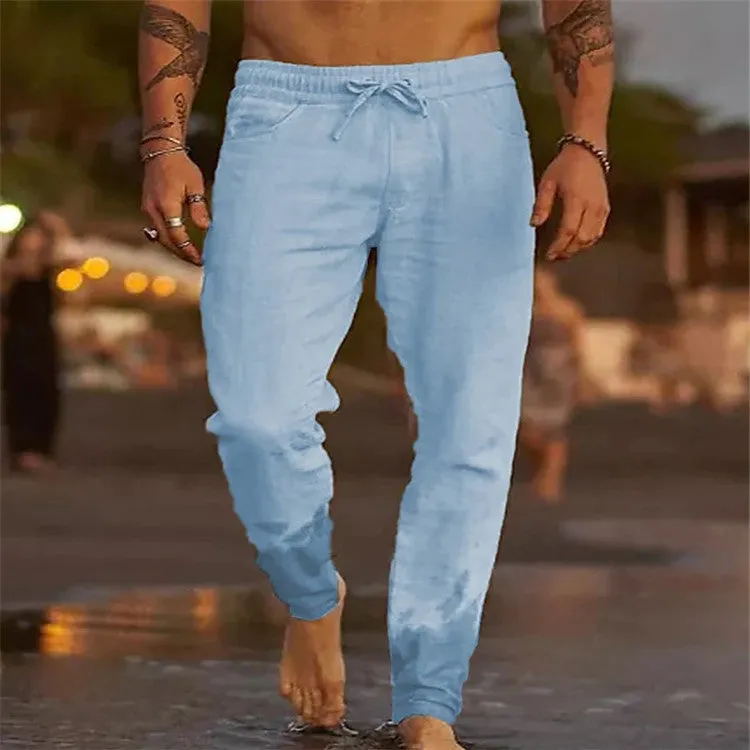 Men's solid colour cotton linen loose beach casual pants with elastic waist, shown in grey on a plain background
