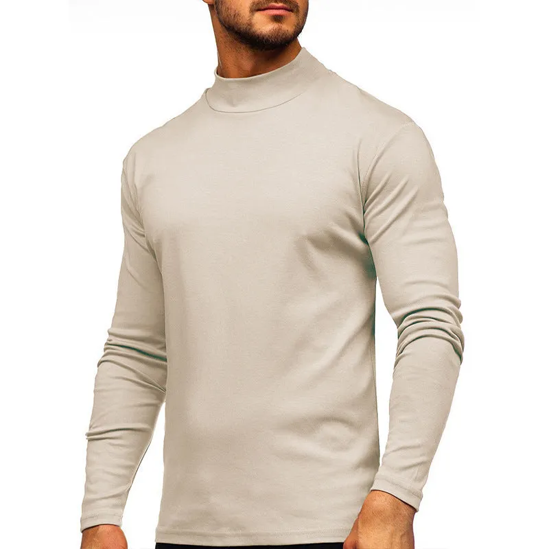 Men's autumn winter Dralon polyester high-neck long-sleeve pullover in solid colour, slim fit, US sizes S-2XL