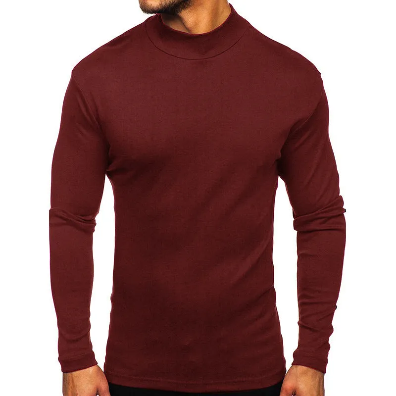 Men's autumn winter Dralon polyester high-neck long-sleeve pullover in solid colour, slim fit, US sizes S-2XL