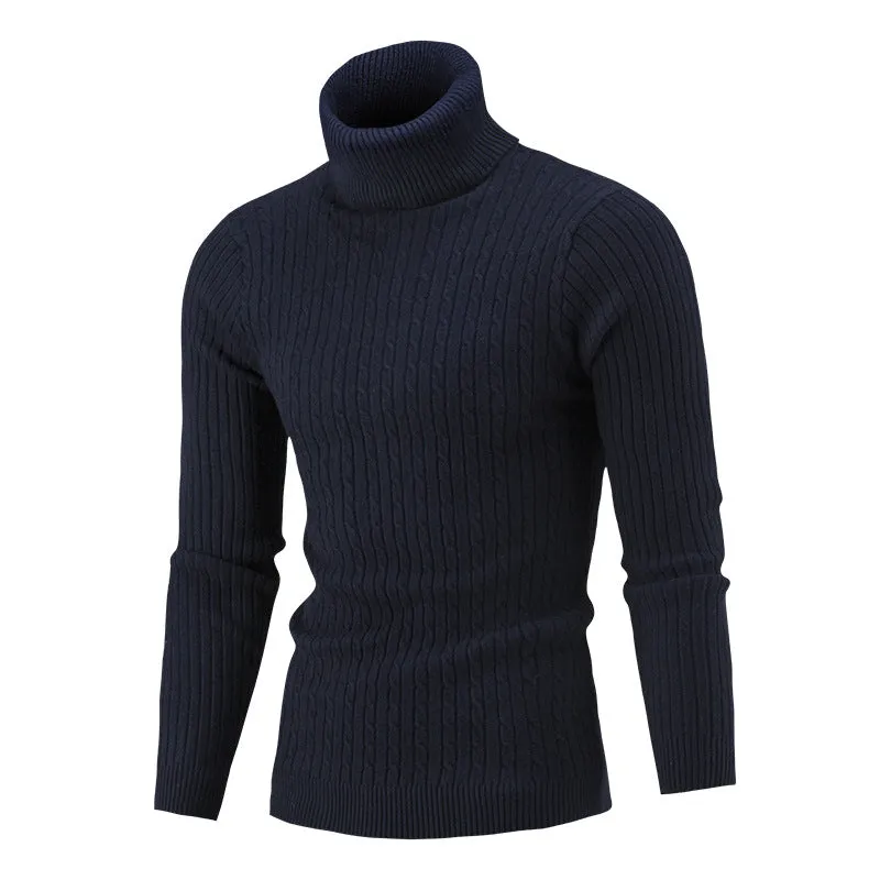 Men's slim-fit high neck twist knit sweater in beige, acrylic blend, long sleeve pullover