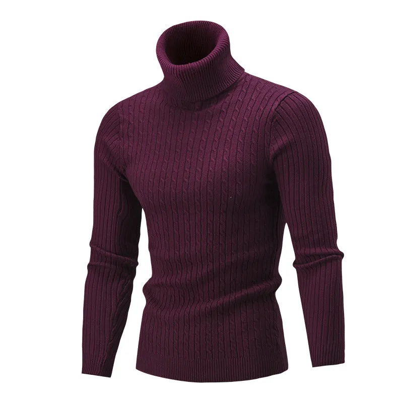 Men's slim-fit high neck twist knit sweater in beige, acrylic blend, long sleeve pullover