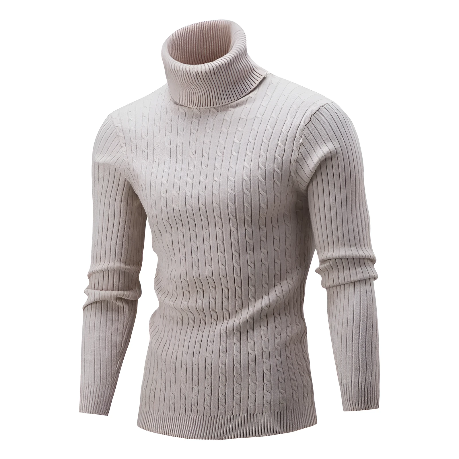 Men's slim-fit high neck twist knit sweater in beige, acrylic blend, long sleeve pullover