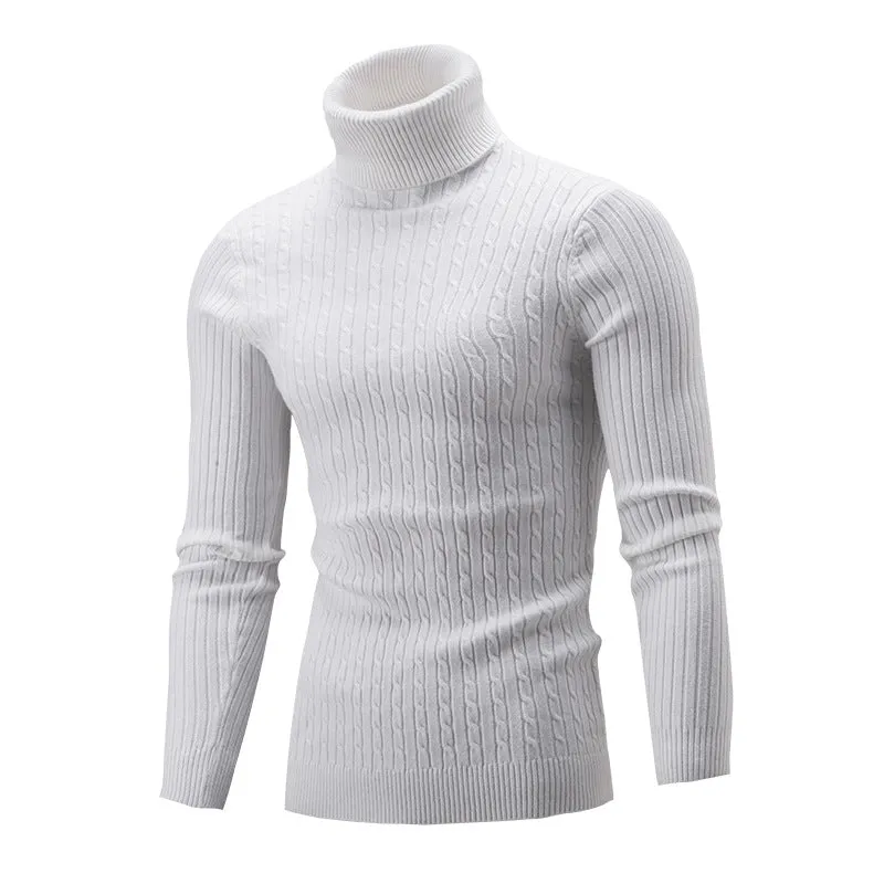 Men's slim-fit high neck twist knit sweater in beige, acrylic blend, long sleeve pullover