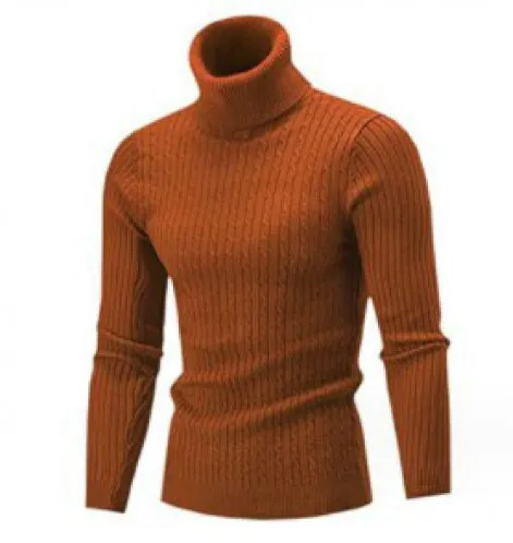 Men's slim-fit high neck twist knit sweater in beige, acrylic blend, long sleeve pullover