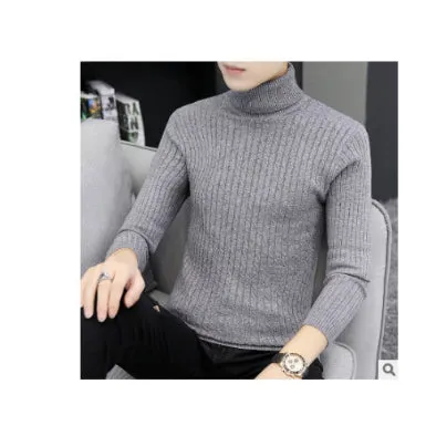 Men's slim-fit high neck twist knit sweater in beige, acrylic blend, long sleeve pullover