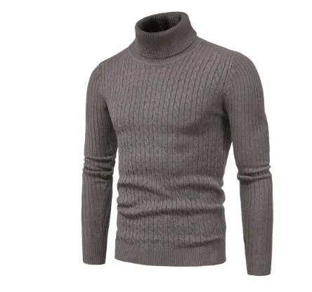 Men's slim-fit high neck twist knit sweater in beige, acrylic blend, long sleeve pullover