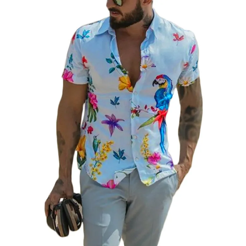 Men's blue Hawaiian beach short sleeve shirt with pointed collar, front view on mannequin