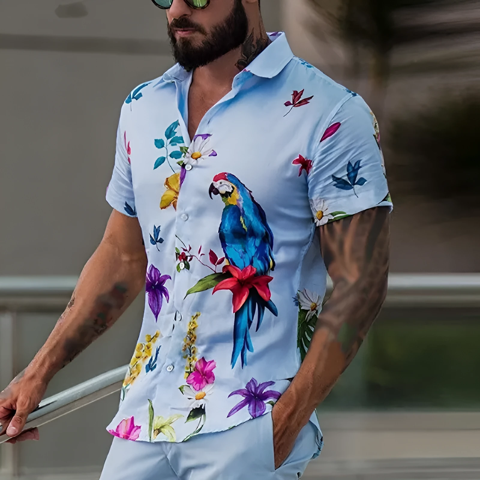 Men's blue Hawaiian beach short sleeve shirt with pointed collar, front view on mannequin