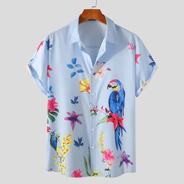 Men's blue Hawaiian beach short sleeve shirt with pointed collar, front view on mannequin