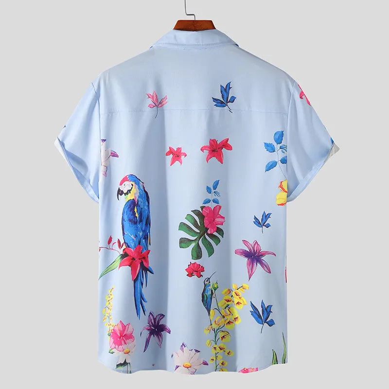 Men's blue Hawaiian beach short sleeve shirt with pointed collar, front view on mannequin