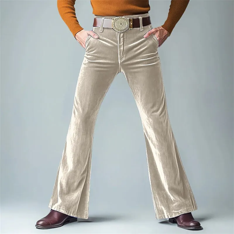 Men's gold velvet slim flared suit trousers in black, dark red, green, blue, khaki, brown or yellow