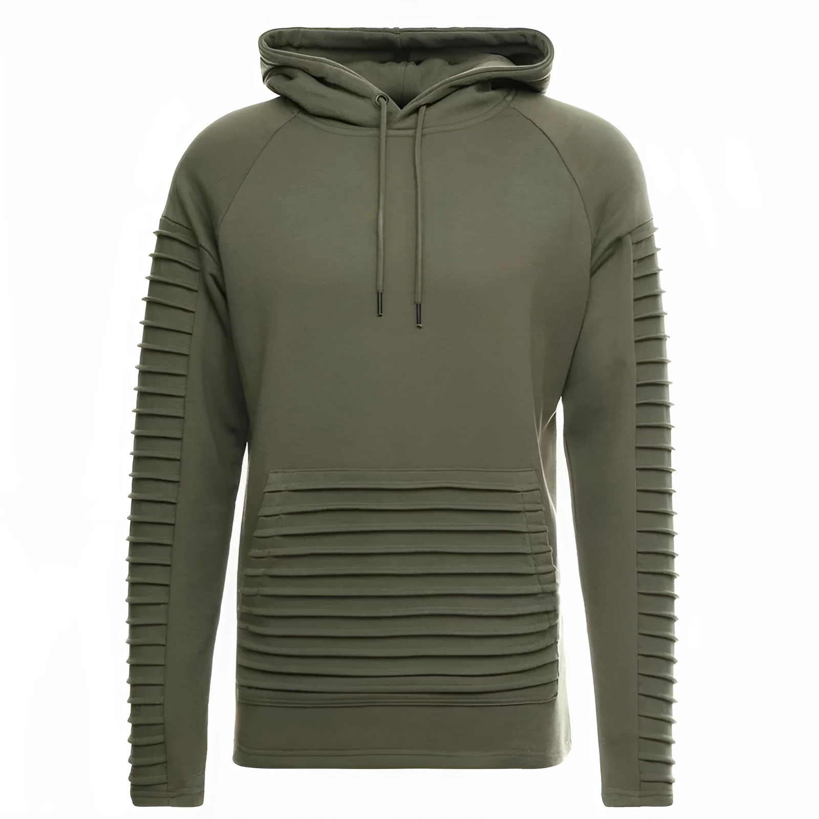 Mens long sleeve pleated stripes hoodie with lapel collar, black, worn casually