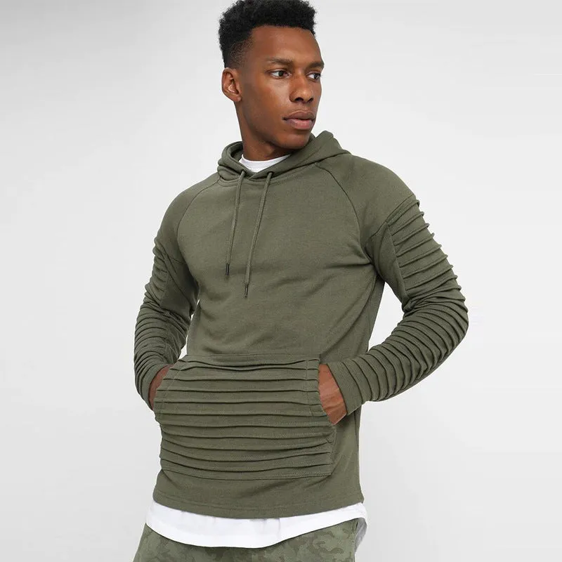 Mens long sleeve pleated stripes hoodie with lapel collar, black, worn casually