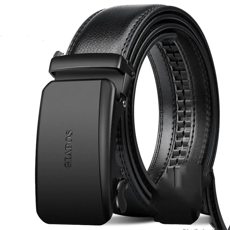 Men's leather belt with automatic buckle, cowhide finish, 3.5cm width, available in black surface colours