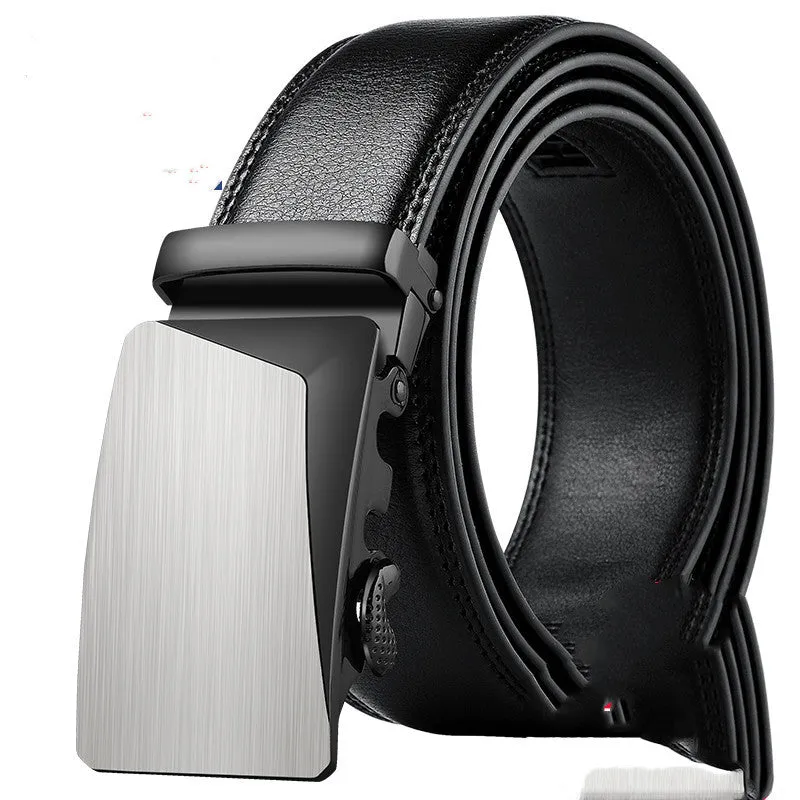 Men's leather belt with automatic buckle, cowhide finish, 3.5cm width, available in black surface colours