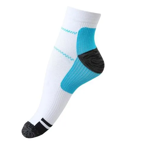 Compression sport socks in white nylon, black and blue, and black and red, mesh weave fabric for heel arch pain relief