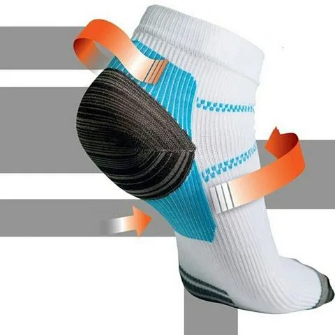 Compression sport socks in white nylon, black and blue, and black and red, mesh weave fabric for heel arch pain relief